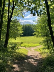 Fototapeta premium A serene pathway leading to a sunny meadow surrounded by lush greenery.