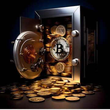 BITCOIN COINS COMING OUT OF A SAFE 