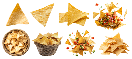 Tortilla corn nacho Chips, many angles and view side top front heap pile basket salsa guacamole beef cheese dip on transparent background cutout, PNG file. Mockup template for artwork graphic design