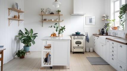  a Scandinavian-inspired kitchen with white cabinetry, light wood floors, and indoor greenery.