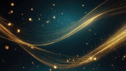 Obraz premium Dark Cyan sparkling waves with particles golden light lines background
