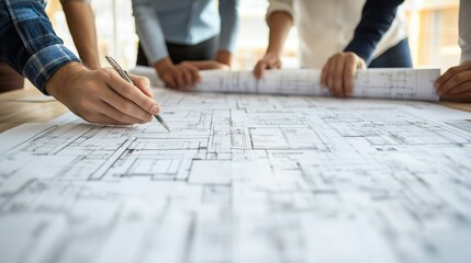Team of architects and engineers collaborating on detailed building blueprints, reviewing construction plans, and discussing architectural design strategies in a modern workspace.