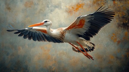 Fototapeta premium A white stork with a long orange beak flies against a grunge background, its wings spread wide.