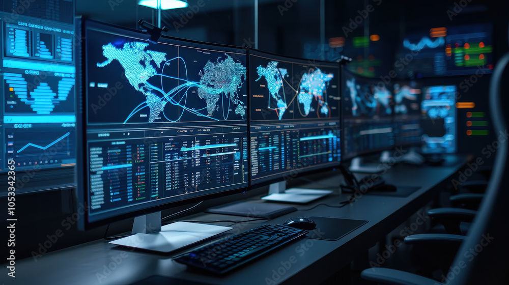 Aufkleber high tech control room with multiple monitors displaying global data and analytics. environment is i