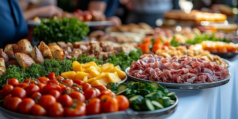 Obraz premium Business people at a buffet table taking appetizers