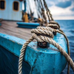 Fototapeta premium Ropes and blocks on old vessel's railing.