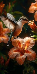 A vibrant hummingbird, showcasing iridescent feathers, hovers gracefully above a blooming orange flower adorned with droplets of water, evoking a serene and lively atmosphere.