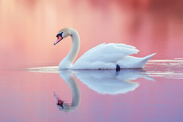 Fototapeta premium Elegant Swan Reflection: A serene scene of a graceful white swan gliding on a still lake, with a beautiful sunset sky reflected in the water.