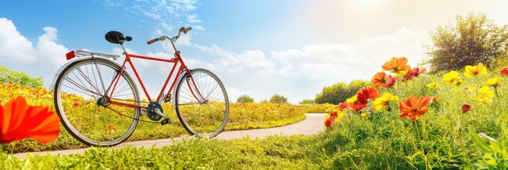 A serene landscape featuring a red bicycle amidst colorful flowers and a clear blue sky.