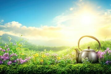 A serene landscape featuring a teapot amidst colorful flowers and a bright sky.