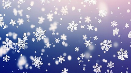 A soft, dreamy abstract background of falling snowflakes in white and silver, set against a gradient of deep blue and midnight purple, evoking a peaceful winter night.
