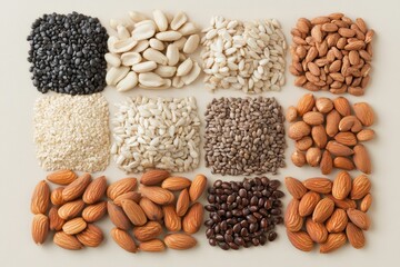 Fototapeta premium Assorted Nuts and Seeds Display on a Light Background