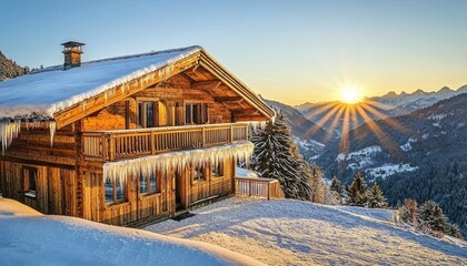 A picturesque wooden chalet surrounded by snow, with sunlight streaming through the mountains, creating a serene winter landscape.