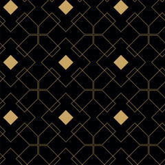 Abstract geometric pattern with crosses, stripes, lines. Seamless vector background. Black and gold ornament. Modern reticulated graphic design.