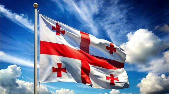 he red cross in the center is divided into four smaller crosses, symbolizing the four patron saints of Georgia.