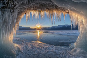 Naklejka premium A breathtaking view from an icy cave, showcasing icicles and a sunset over a frozen lake and mountains.