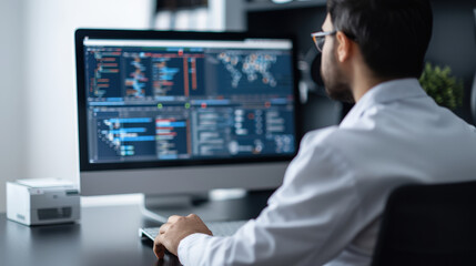 focused engineer in safety equipment is working on computer, analyzing data and monitoring systems. environment is modern and professional, showcasing technology and concentration