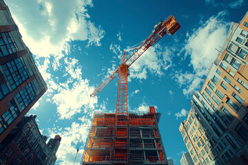 Sky-high Progress: Tower Crane in Action on Construction Site Against Clear Blue Sky