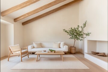 Warm neutral living room with wooden accents and natural light