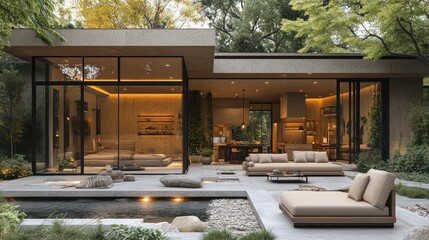 Fototapeta premium Minimalist outdoor patio with clean-lined furniture, soft lighting, and a simple, neutral palette.