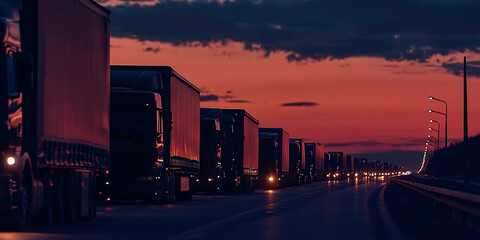 Line of Trucks on Highway at Dusk with Headlights Illuminating the Evening Sky, Showcasing Transportation and Logistics