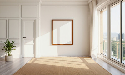 Obraz premium A modern living room with an empty picture frame and stylish furniture during daylight hours