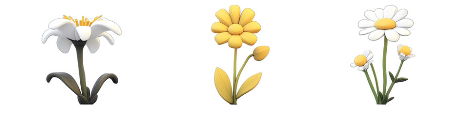 Yellow and White Flowers in Cartoon Style. Isolated on a Transparent Background. Cutout PNG.