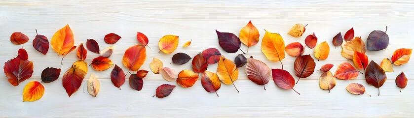 A Row of Vibrant Autumn Leaves on a White Wooden Background