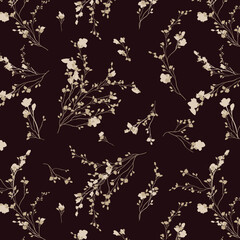 bicolor contour silhouette seamless pattern with flowers and leaves. Abstract floral spring, summer pattern.