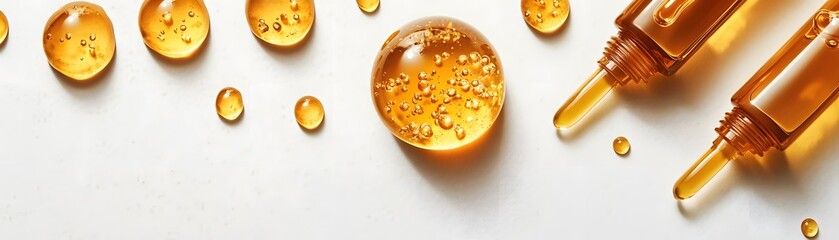 Golden Serum Droplets and Bottles on White Surface