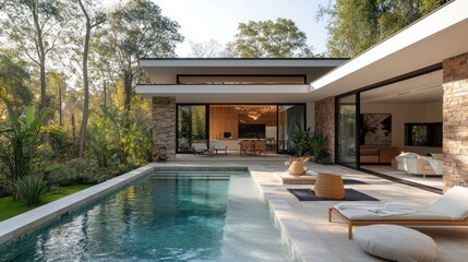 Fototapeta premium Modern backyard design with a sleek pool, minimalistic garden, and contemporary outdoor furniture.