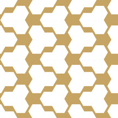 Abstract geometric pattern with crosses, stripes, lines. Seamless vector background. White and gold ornament. Modern reticulated graphic design.