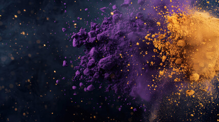 Intense purple and yellow powder explosion creating vibrant contrast against dark background, showcasing dynamic movement and energy