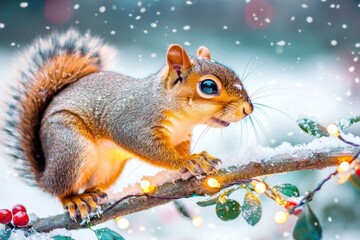 Obraz premium A cute squirrel perched on a snowy branch adorned with colorful lights, creating a whimsical winter scene.