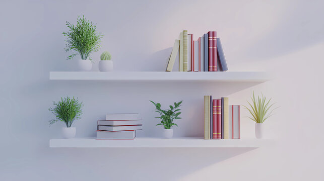 Zoom Background, 3 floating white shelves with books and plants