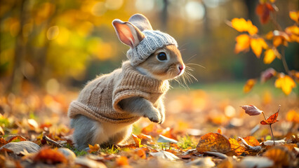  Adorable Baby Rabbit in a Cozy Knitted Sweater and Hat Hopping Through an Autumn Forest