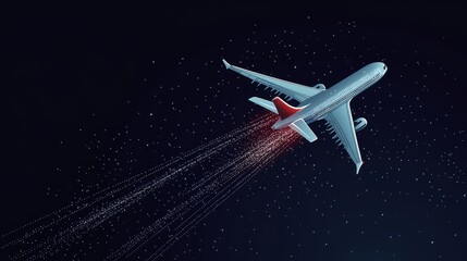 Dashed route line following the path of an airplane, illustrating a flight journey. 