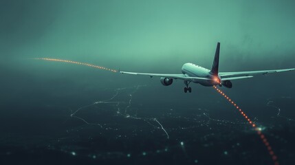 Dashed route line following the path of an airplane, illustrating a flight journey. 