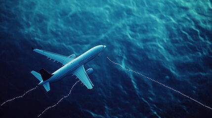 Fototapeta premium Dashed route line following the path of an airplane, illustrating a flight journey. 