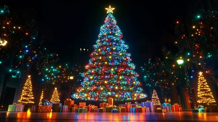 A towering Christmas tree made entirely of sparkling lights, surrounded by smaller trees and illuminated presents. 