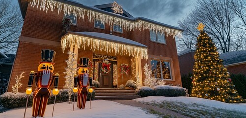 A traditional brick house with oversized glowing nutcracker statues by the entrance, icicle lights cascading from the roof, and an illuminated Christmas tree in the front yard