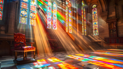 Interior view of Cathedral church, decorated chair, walls and floors with the traditional colorful stained glass windows mosaic, rays of bright sun light passing through the windows