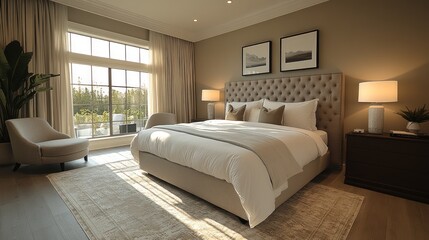 Fototapeta premium Modern guest room with clean lines, neutral tones, and simple yet elegant decor.