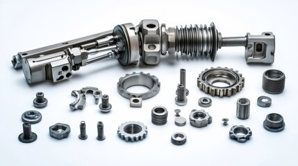 Engine gears and metal car parts are displayed on a white background, representing auto mechanics. Copy space available. 