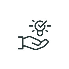 Innovation solution, creative idea, fact, tip, outline icon. Line sign glowing light bulb in hand. Vector isolated pictograms for web and app on white background editable stroke.