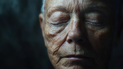 Fototapeta premium An elderly woman sits in quiet contemplation, her face illuminated by soft light. The intricate details of her features reveal a life rich in experience and emotion, evoking a sense of introspection.