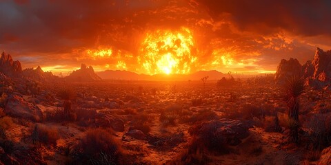 Fototapeta premium A stunning sunset in a desert landscape, showcasing an orange sun setting behind silhouetted mountains. The scene is bathed in warm hues, creating a vibrant, dramatic atmosphere.