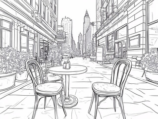 a black and white line art of a European street cafe scene, featuring two empty chairs and a table.