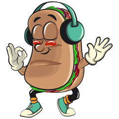 Sub Sandwich cartoon mascot illustration character vector listening to headset while dancing, work of hand drawn
