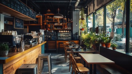 The interior of empty cozy coffee shop or restaurant with wooden furniture and plants